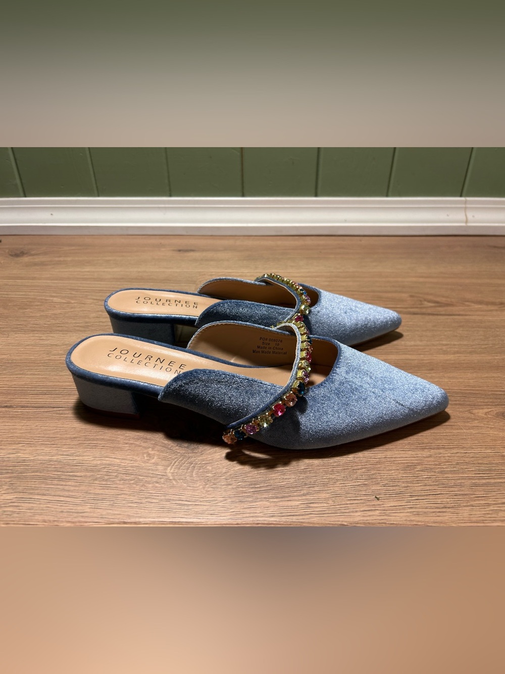 Journee Collection Light Blue Velvet Jeweled Slip-On Mules